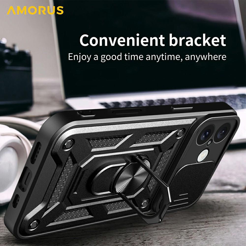 AMORUS Kickstand Case for iPhone 16 PC+TPU Phone Cover with Camera Lens Slider