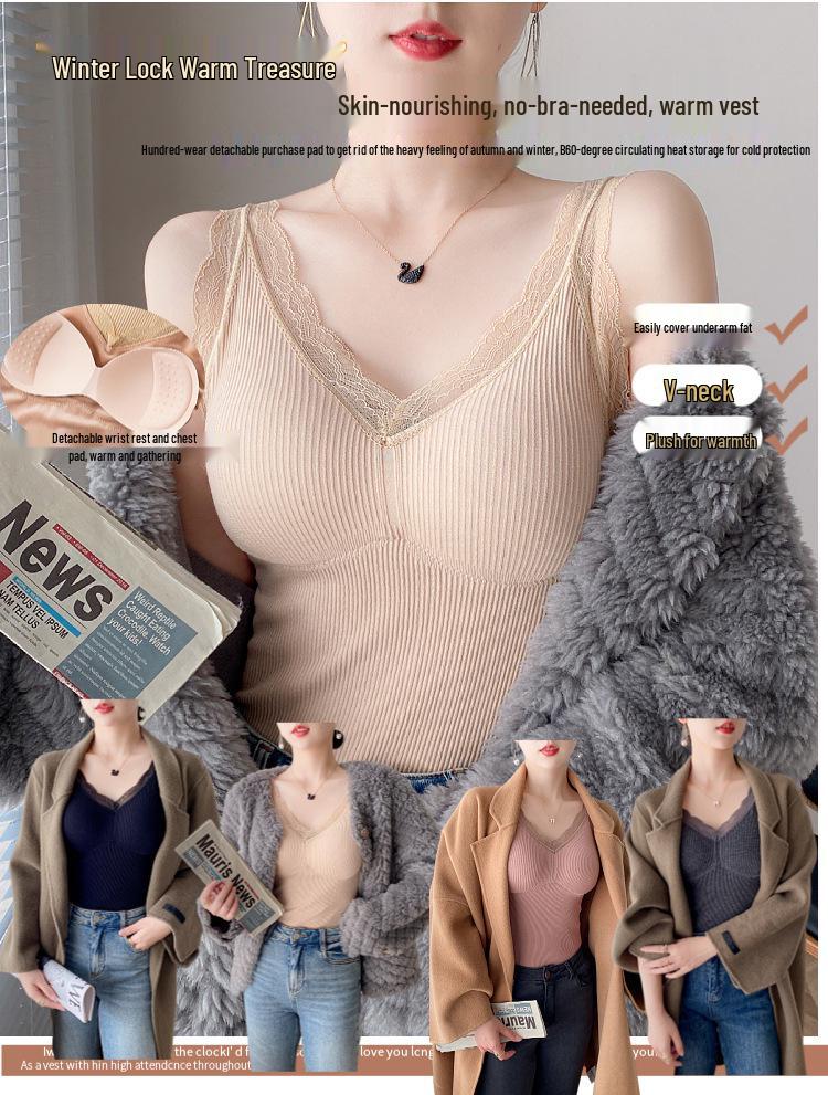 Women's Fleece-Lined Slim-Fit Lace Camisole with Chest Pads - Warm Vest