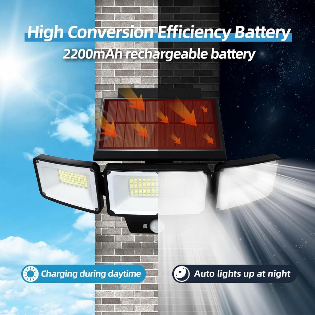 2 Pack Solar Outdoor Lights with Remote Control, Motion Sensor Outdoor Lights with 3 Modes, 3 Heads LED Security Lights, IP65 Waterproof Outdoor