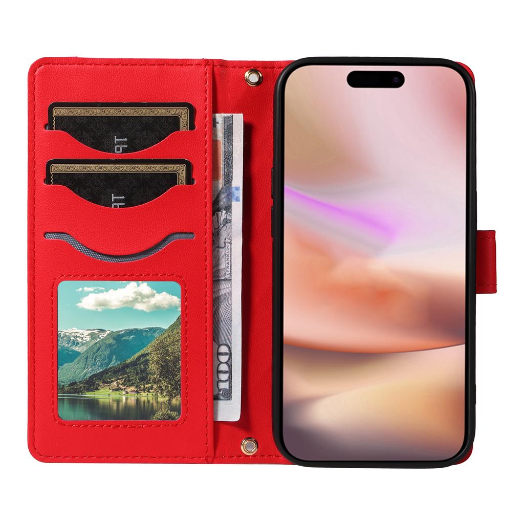 Étui portefeuille en cuir matelassé pour iPhone 16 avec bandoulière et dragonne