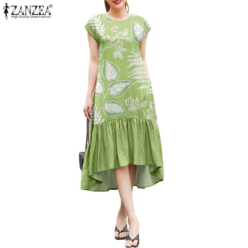 ZANZEA Women Casual Round Neck Loose Casual Sleeveless Print Dress