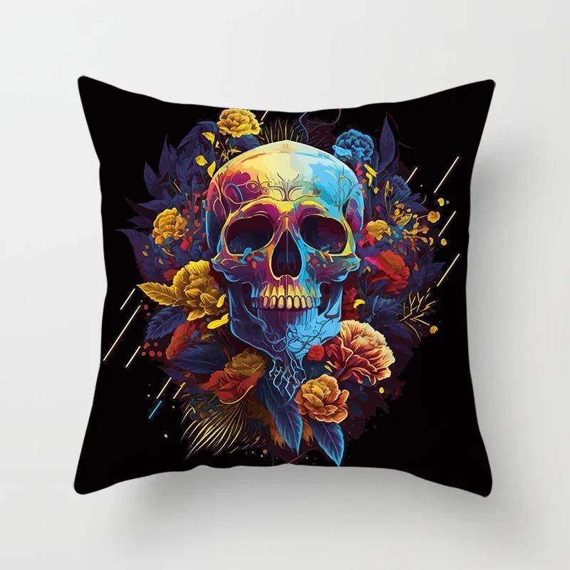 Home Decor Colorful Skull Flower Pillowcase Decorative Print Square Car Sofa Fashion Cushion Cover