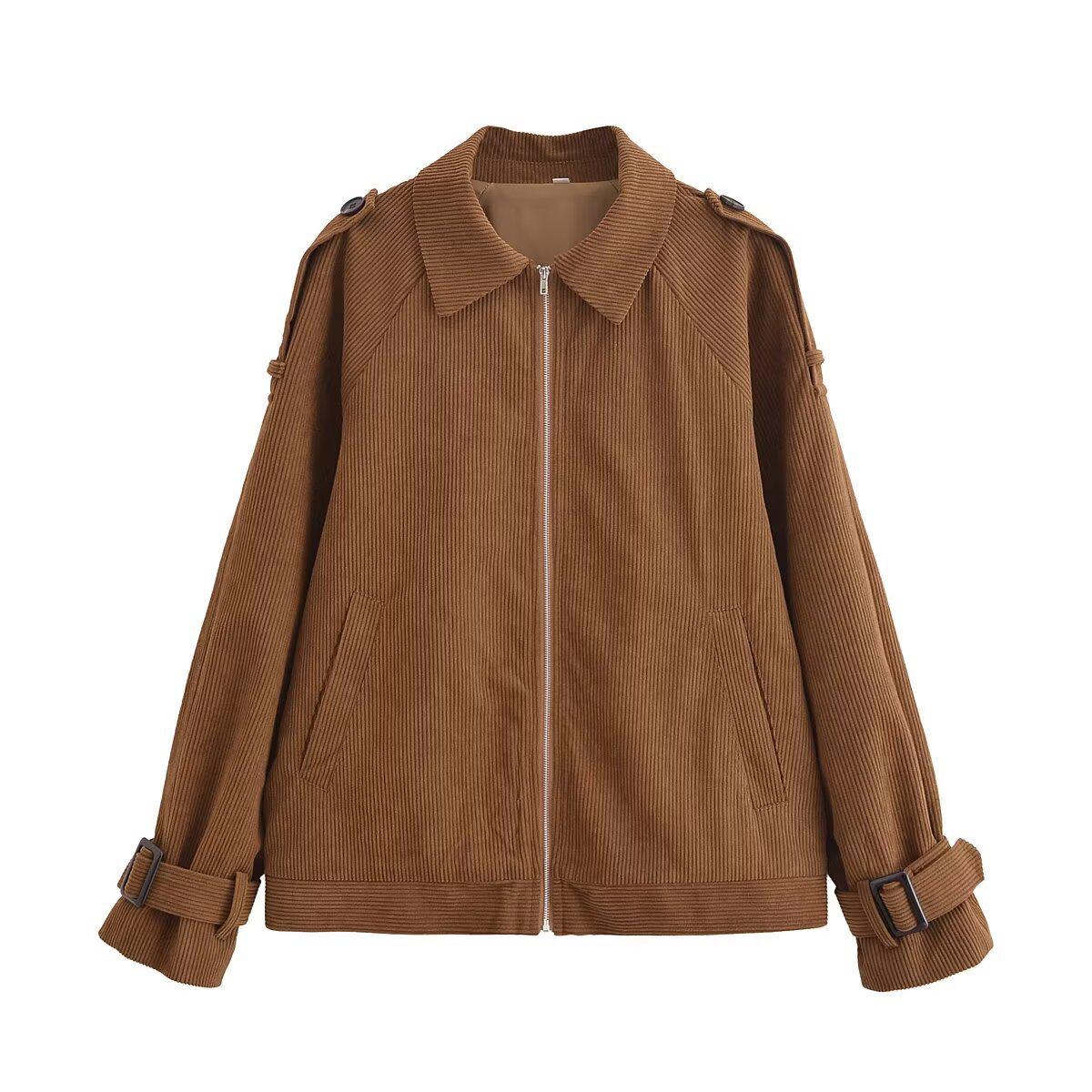 

Женская вельветовая куртка с длинным рукавом в европейском и американском стиле, осень 2024, с отделкой ремешком Medium коричневый