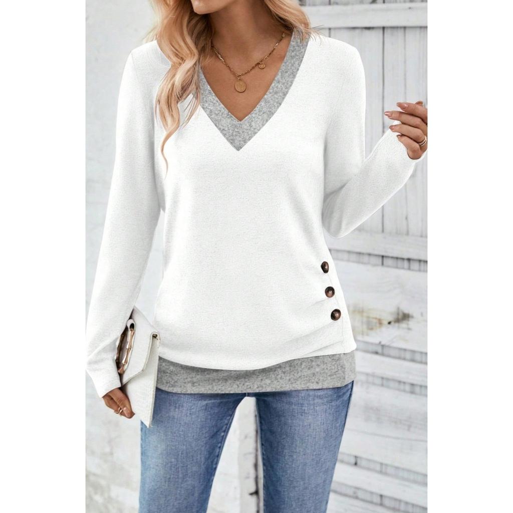 Women's V Neck Long Sleeve Basic Top Regular Fit Elegant Casual T-Shirt With Button Decor Solid Color