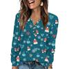 Women's Fashion V-Neck Button-Up T-Shirt With Christmas Print Long-Sleeved Top