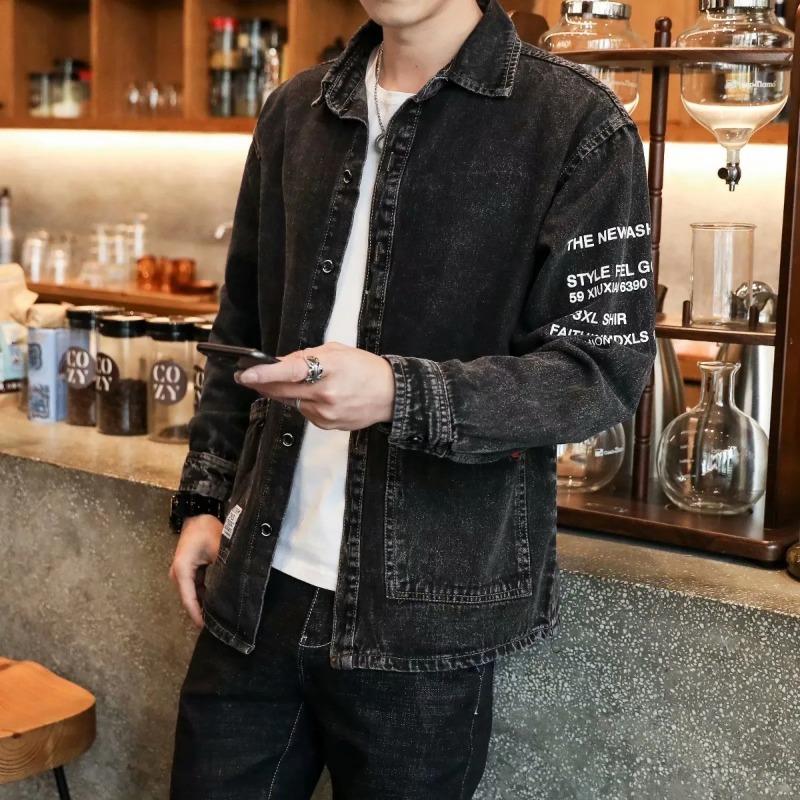 Men's Letter Print Washed Denim Shirt Jacket
