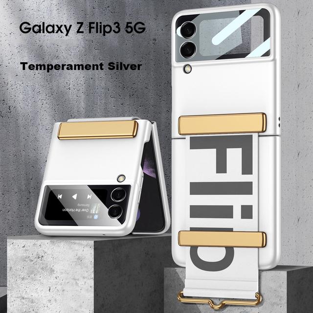 Case For Z Flip3 With Strap Len Camera Glass Protection Case For Samsung Galaxy Z Flip3 5g Case Wristband Plastic Pc Back Cover