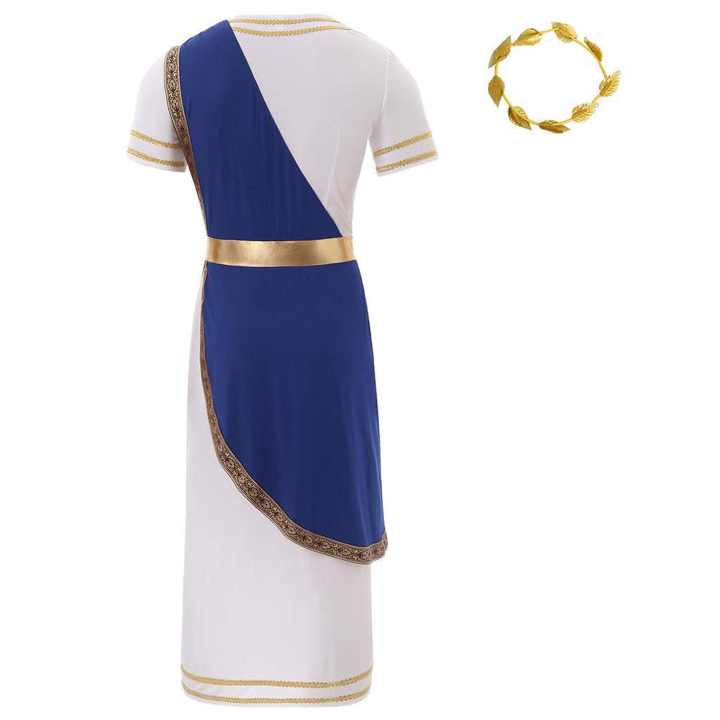 Mens Ancient Greek Toga Costume Short Sleeve Retro Gold Trim Roman Robe Headband Cosplay