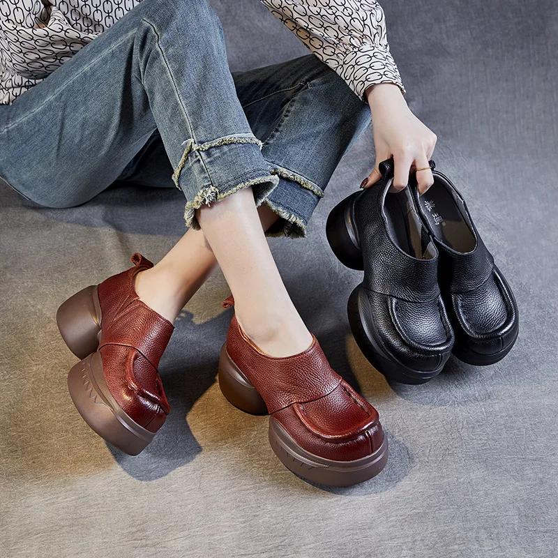 Fujin 6cm Ladies Autumn Shoes Women Cow Genuine Leather Slip on Ladies Fashion New Ethnic Platform Wedge Round Spring Mary Jane
