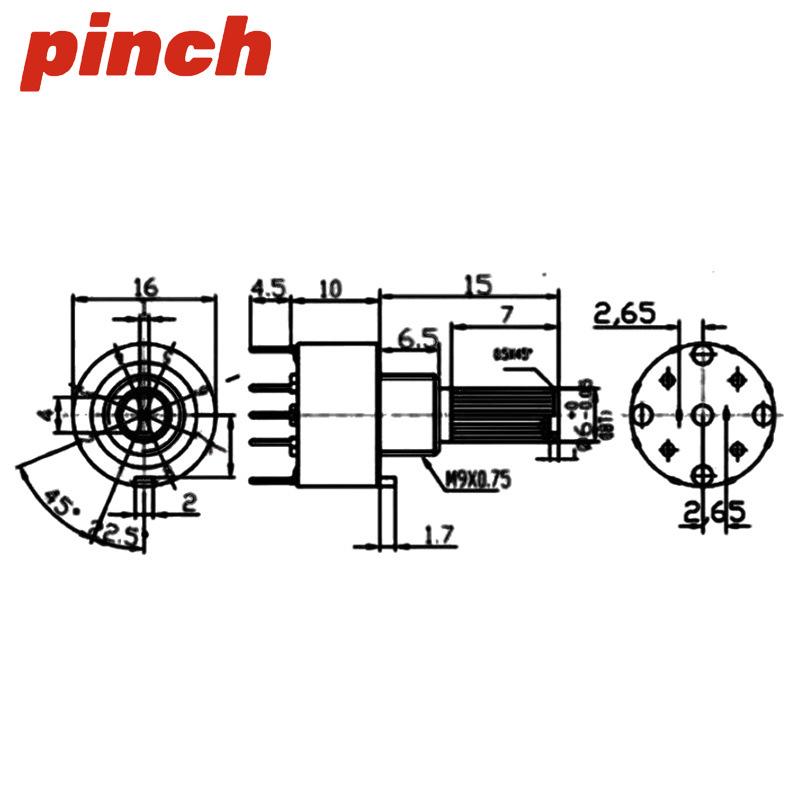 RS16 Rotary Gear Switch: 16MM, 1-Pole, 2-Throw, 3/4/5/6/8 Positions, 15-Spline Shaft, Round Point Potentiometer.