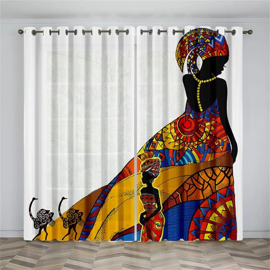 Schwarze Afrikanische Frauen Kunst Abstraktes Design National Lichtfilternde Vorhänge Fenstergardinen für Wohnzimmer Schlafzimmer 2 Stück Dekor
