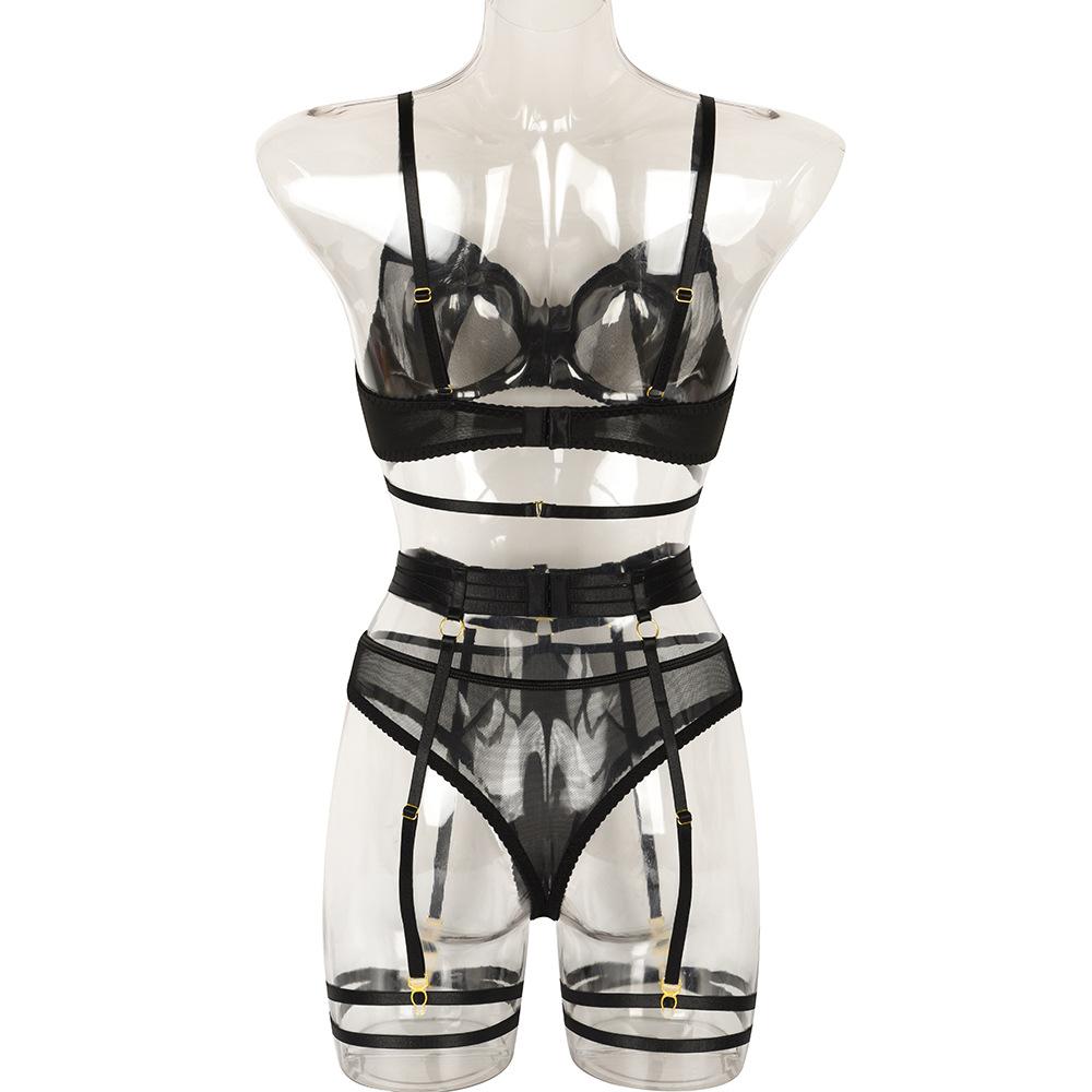 TOOXIKA Women's Lace Sexy Lingerie Sexy Perspective Mesh Temptation With Leg Ring Four-piece Set