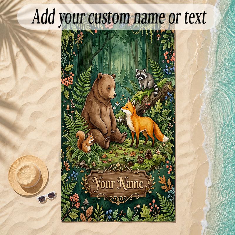 Forest Theme Soft Beach Towel Personalized Custom Name Text Towel Portable for Beach Pool Travel