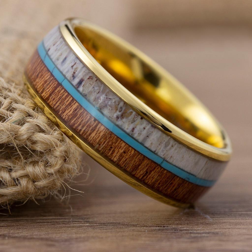 Fashion 8mm Men's Rose Gold Color Stainless Steel Arrow Rings for Men Women Inlaid Koa Wood Wedding Band Jewelry Drop Shipping