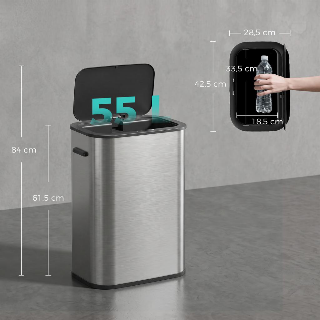 Automatic Kitchen Trash Can 55L Stainless Steel, Soft Close Lid, Battery Operated, Silver