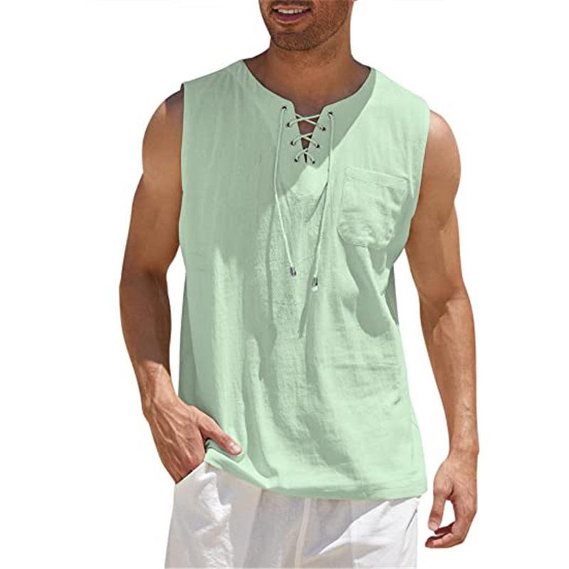 Men's Summer Shirts Casual Leeveless Vest Bandage Lace Up Blouse Retro V Neck Fashion Loose Shirt  Solid Color Clothes