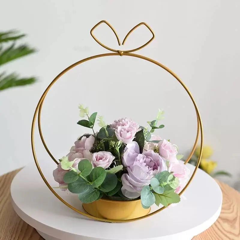 For Home Decoration Metal Flower Basket Holder with Handle Iron Storage Baskets Metal Tabletop Planter Display Stand