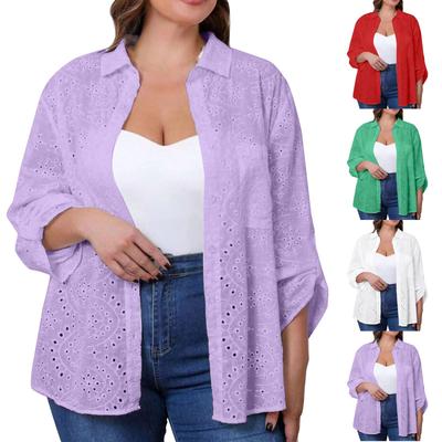 Women's Casual Loose  Shirt Collar Embroidered Hollowed Out Shirt Top