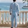 Men's Linen Resort Outfit 2 Piece Set, Stand Collar Button Shirt & Matching Pants, Vacation Beach Casual Summer Suit for Men