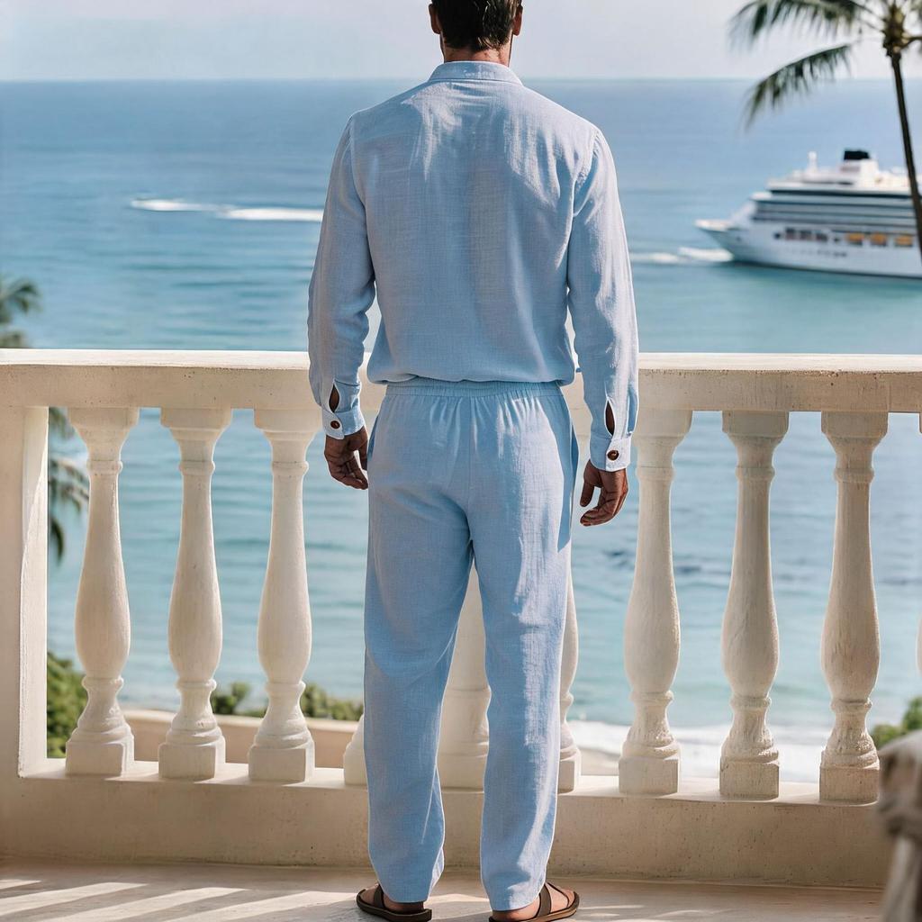 Men's Linen Resort Outfit 2 Piece Set, Stand Collar Button Shirt & Matching Pants, Vacation Beach Casual Summer Suit for Men