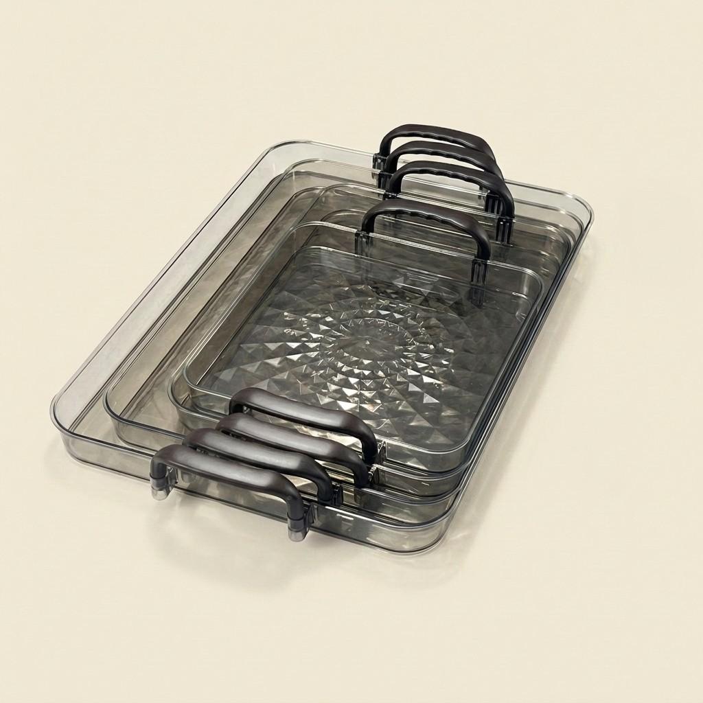 PET Plastic Serving Tray with Handles Clear Food Trays for Eating Diamond Texture Nesting Tea Serving Dishes Platter Tableware