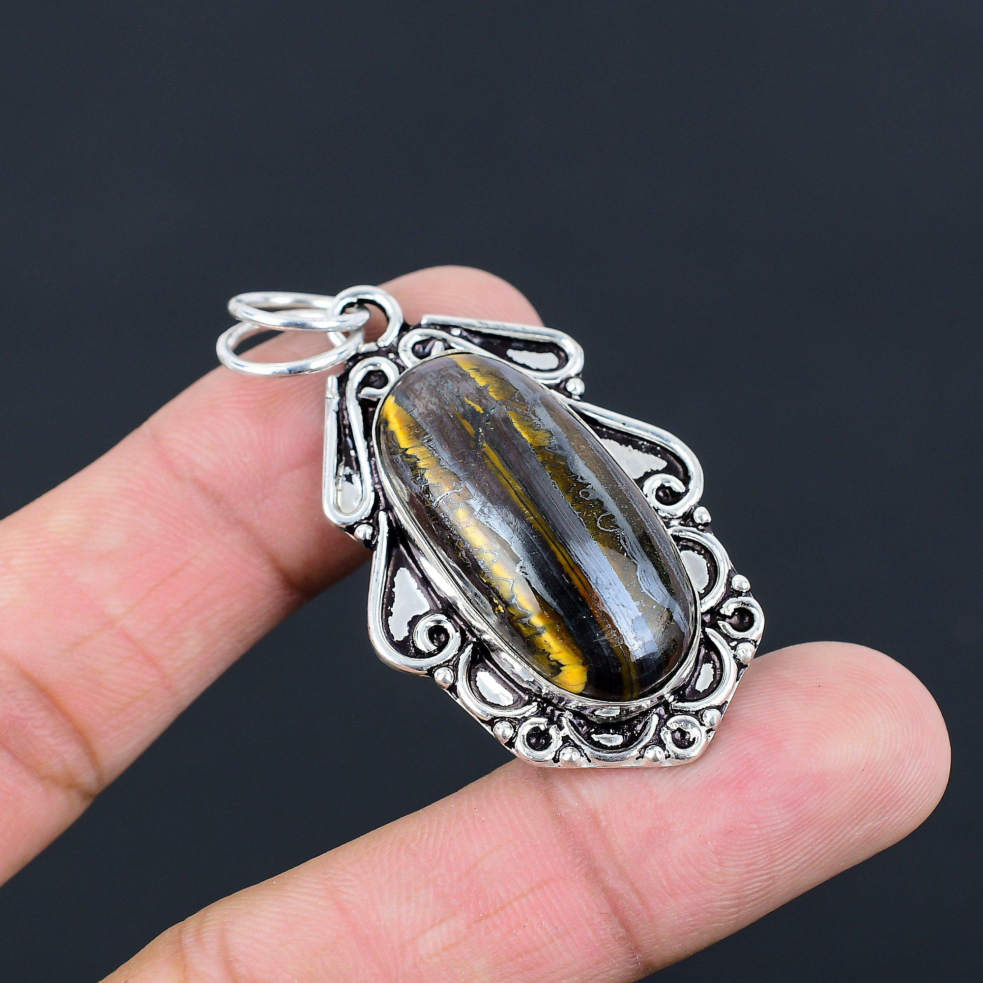 

Daughters Day Sale Oval Natural Iron Tiger Eye Bezel Wife New Pendant 925 Silver