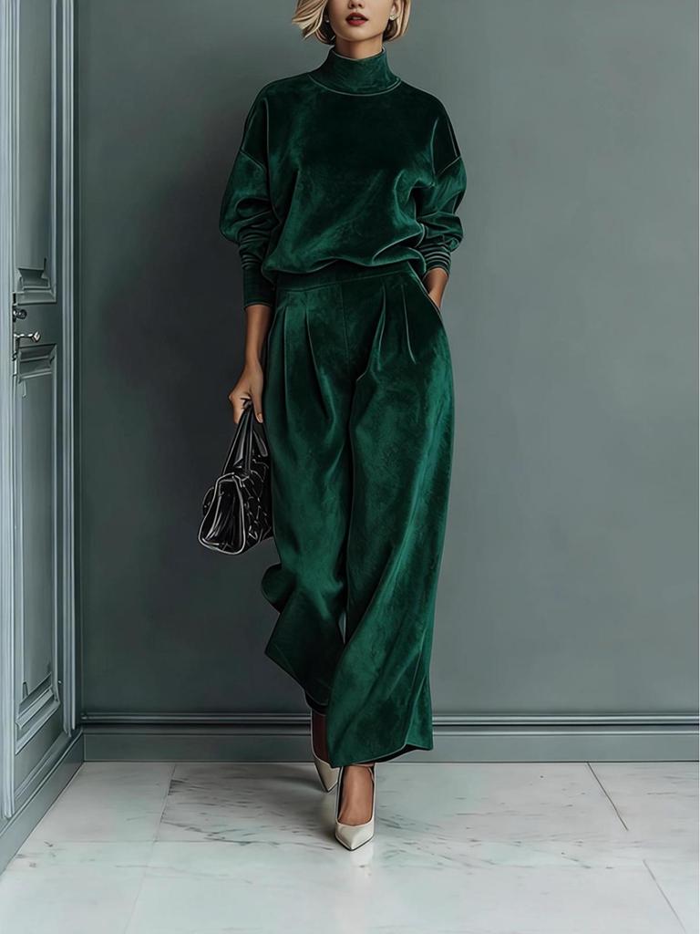 Women's 2025 Autumn/Winter Golden Velvet Two-Piece Set: Long Sleeve Top & Wide Leg Pants