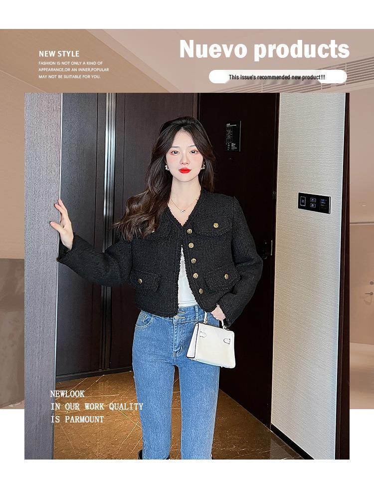 Real Shot Fashionable Women's Black Wool Xiang-Style Loose Short Jacket - Spring/Autumn Socialite Wear