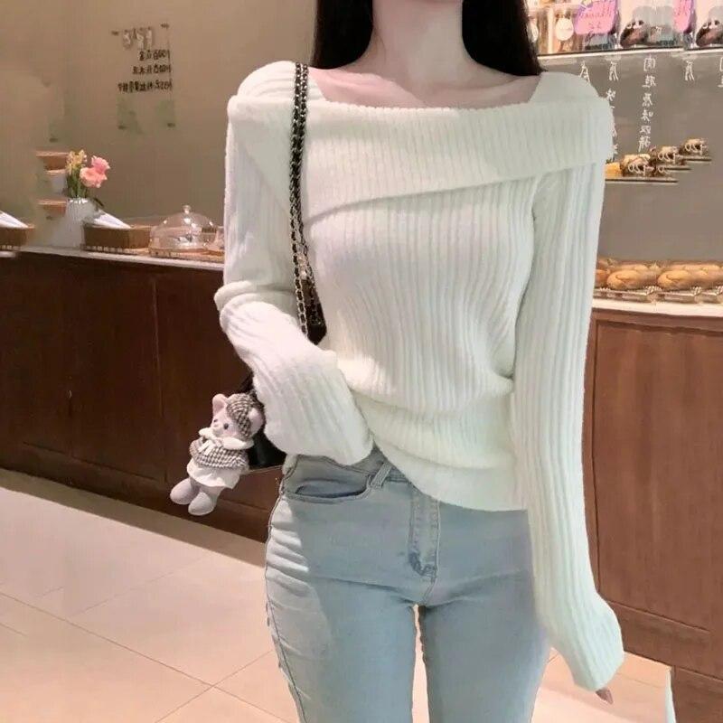Slash Neck Knitwear Off Shoulder Top Women's Thin Bottomed Shirt Slim Long Sleeve Hotsweet Casual Commuting New Fashion