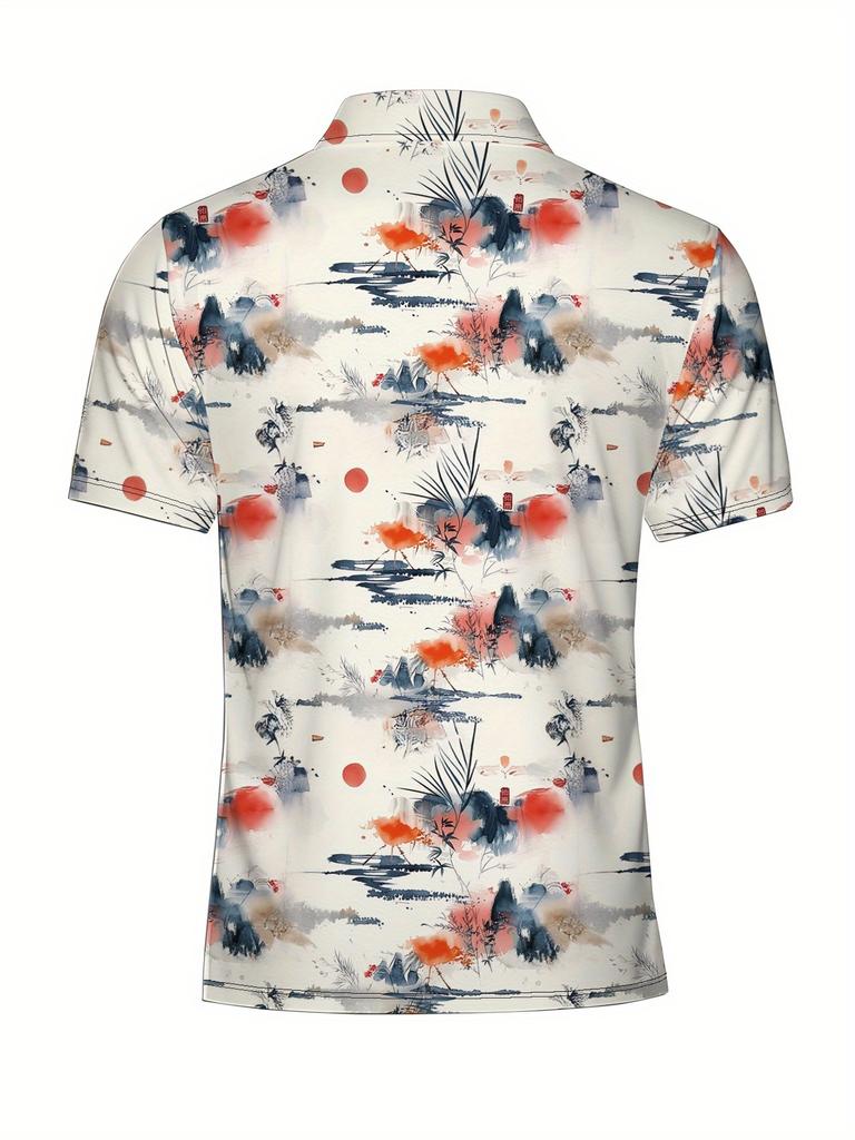 Men'S Short-Sleeve Polo Shirt with Flat Digital Print Pattern - No Texture