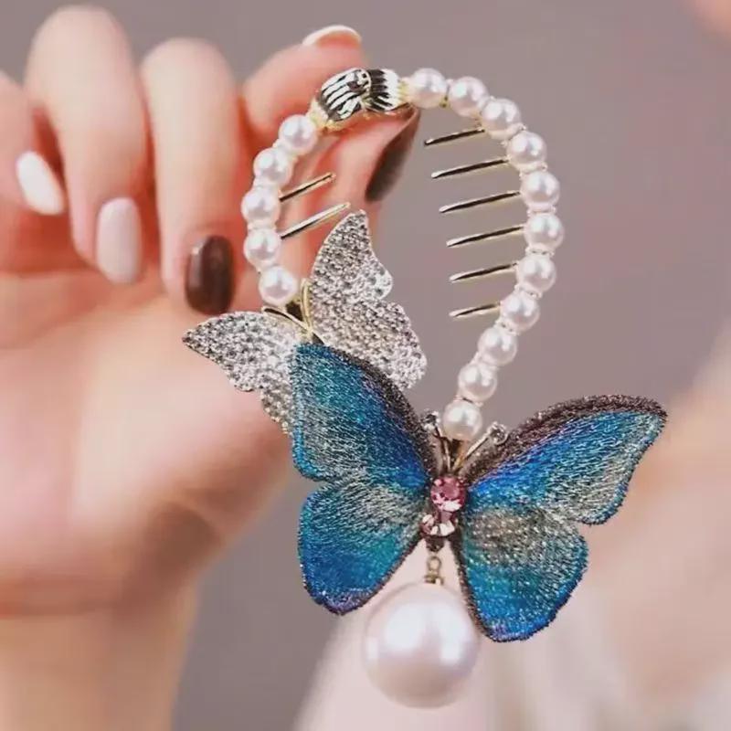 Elegant Rhinestone Butterfly Bun Hair Clip with Inverted Comb for Women
