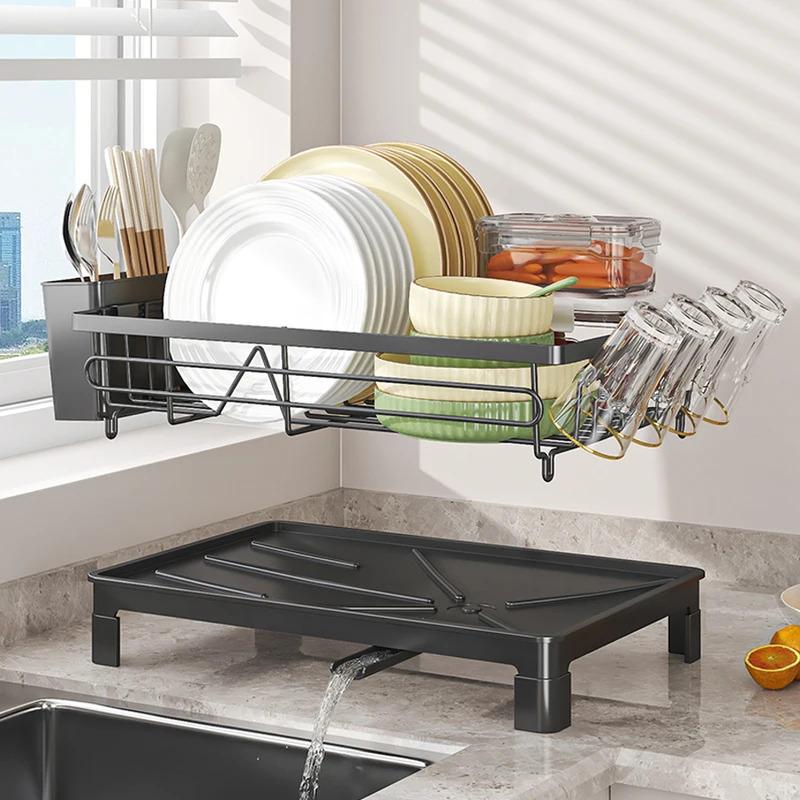 Dish drainer rack with cup holder and utensil caddy, non-slip metal drying rack, compact for 1-3 persons, removable drain tray