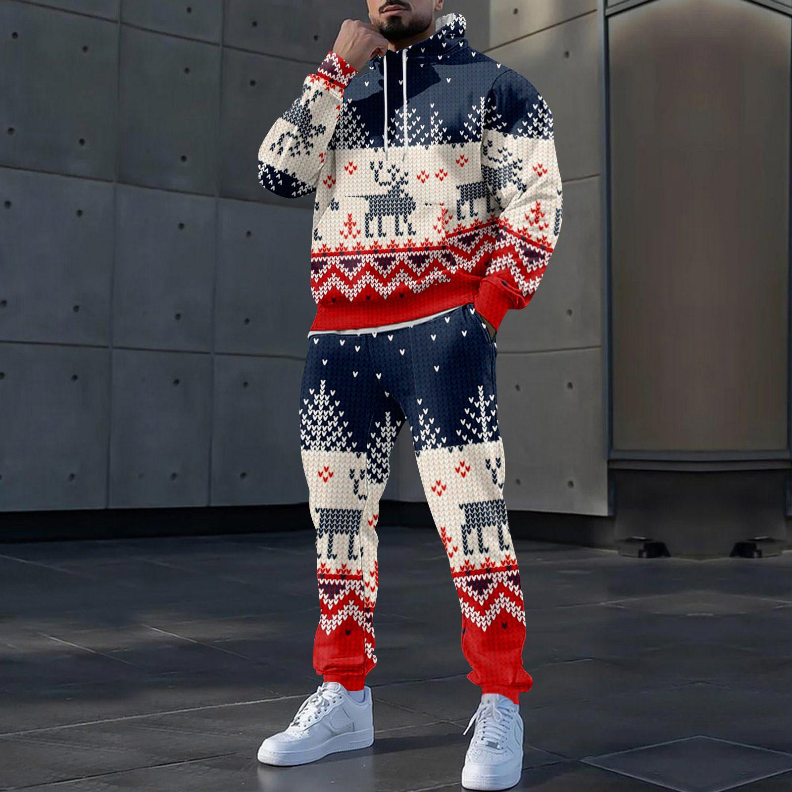 

Мужские зимние рождественские принты с длинным рукавом толстовки с капюшоном толстовка брюки костюм L