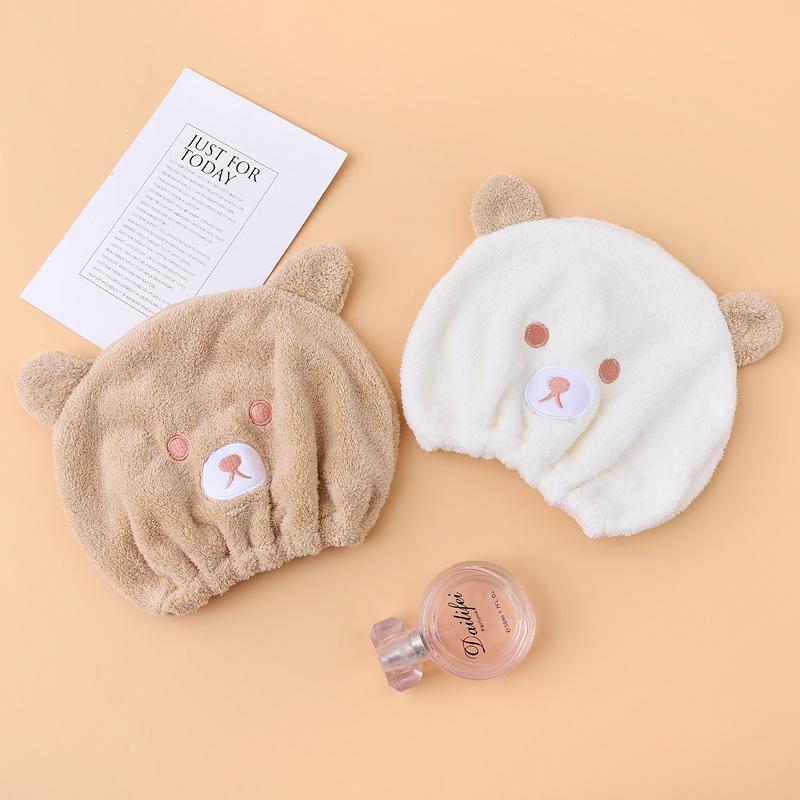 2pc Cartoon Bear Children's Dry Hair Cap Soft Absorbent Girls' Coral Fleece Shower Cap Elastic Band Dry Hair Towel Baby Care