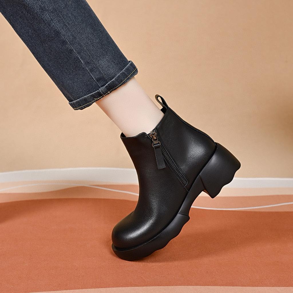 Round head short boots women's autumn and winter new straight boots double zipper women's leather boots cotton boots