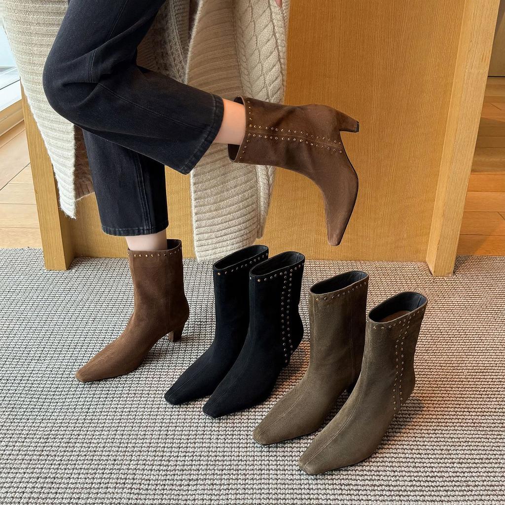 6CM Korean version of fashion rivet boots women's 2025 autumn and winter new square head thick heel versatile temperament fashion boots short boots