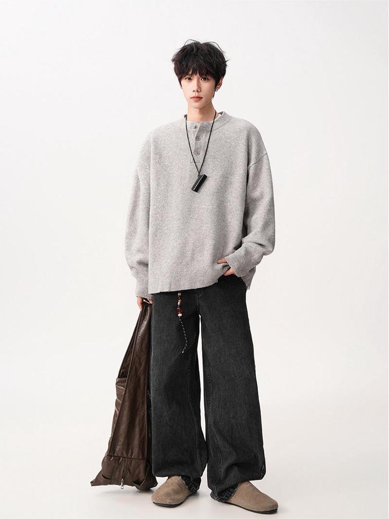Men's Trendy Solid Color Henley Neck Sweater Jacket - Autumn Winter Loose Casual Knitwear