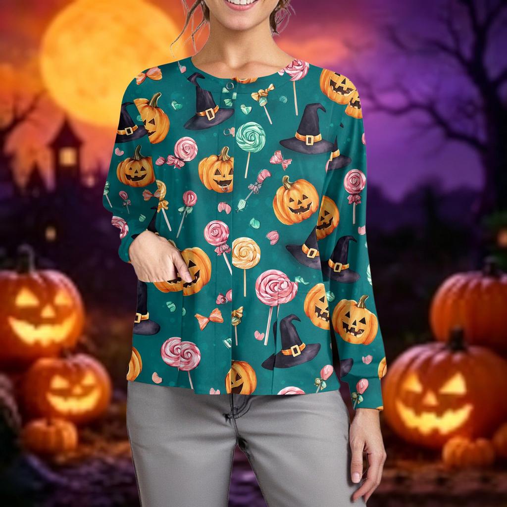 Women's Casual Long Sleeve Button Up Cardigan Halloween Print Lightweight Pullover Sweater for Caregivers and Everyday Wear