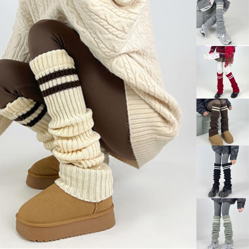 Women Thicken Ribbed Knit Leg Warmer Preppy Style Double Striped Leg Covers Snow Boot Cuffs Over Knee Stacked Long Socks