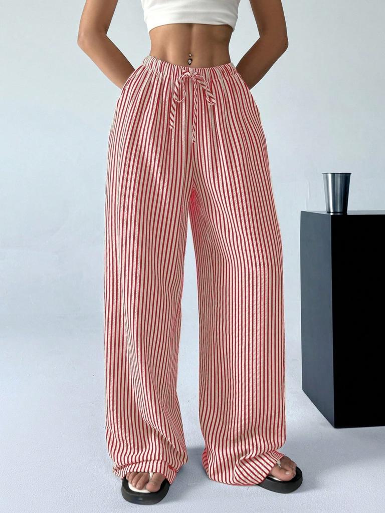 Autumn Cross Border Women's Fashion Loose Striped Drawstring Elastic Waist and Floor Pants from Europe and America