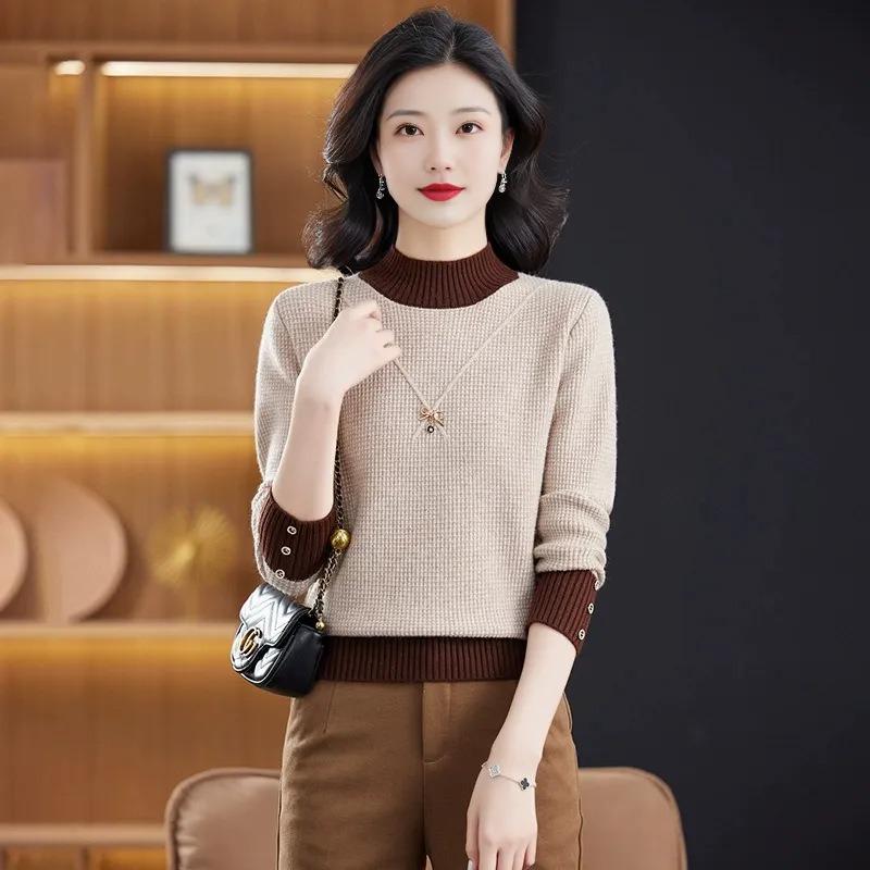New semi-turtleneck winter women's red bottoming shirt fashion color matching loose knitted top autumn and winter sweater