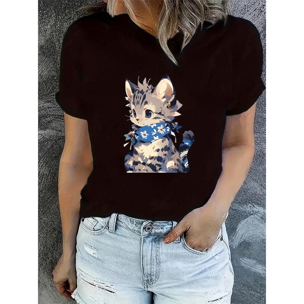 

Cartoon Cat Print Casual Short Sleeve T-Shirt for Women Round Neck Animal Pattern Comfort Fashionable Casual Summer Clothing XL
