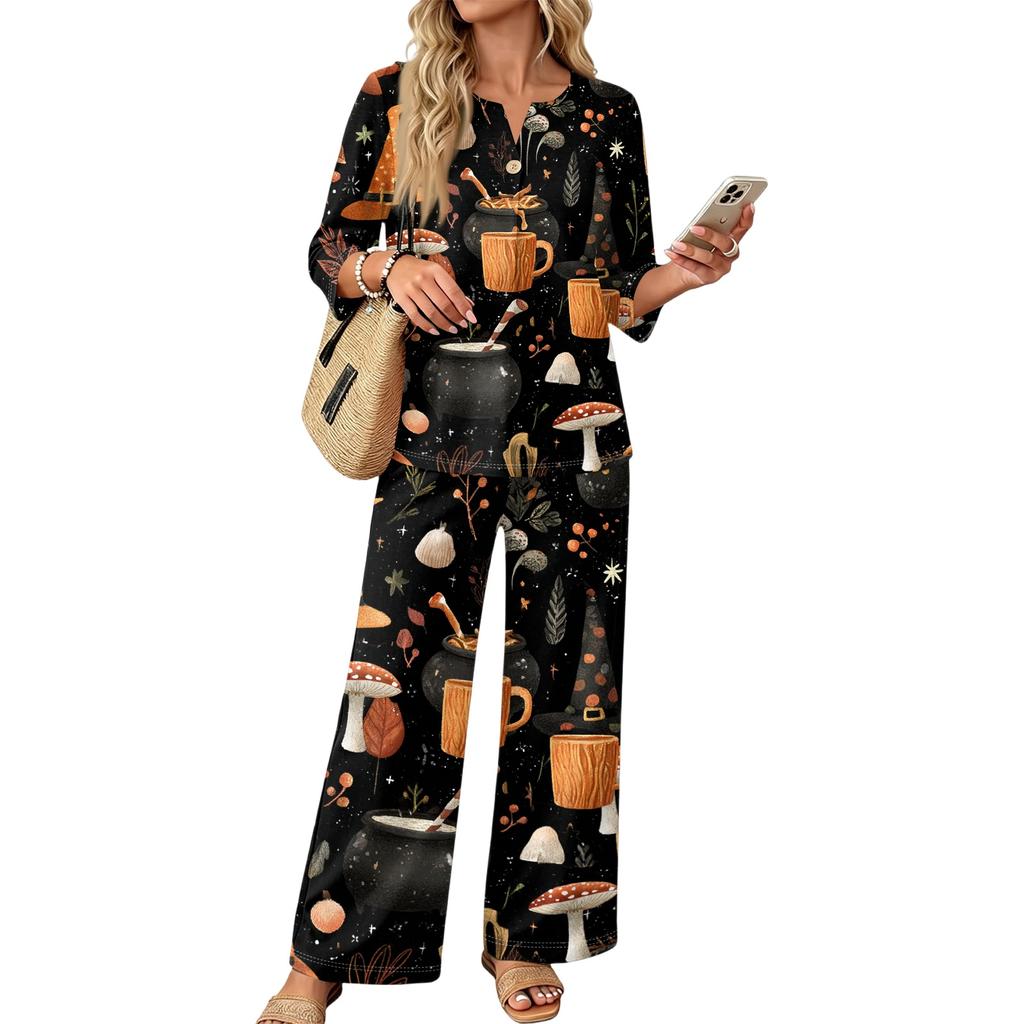 Women's Casual Printed 3/4 Sleeve Button Down Top and Wide Leg Pants 2 Piece Set