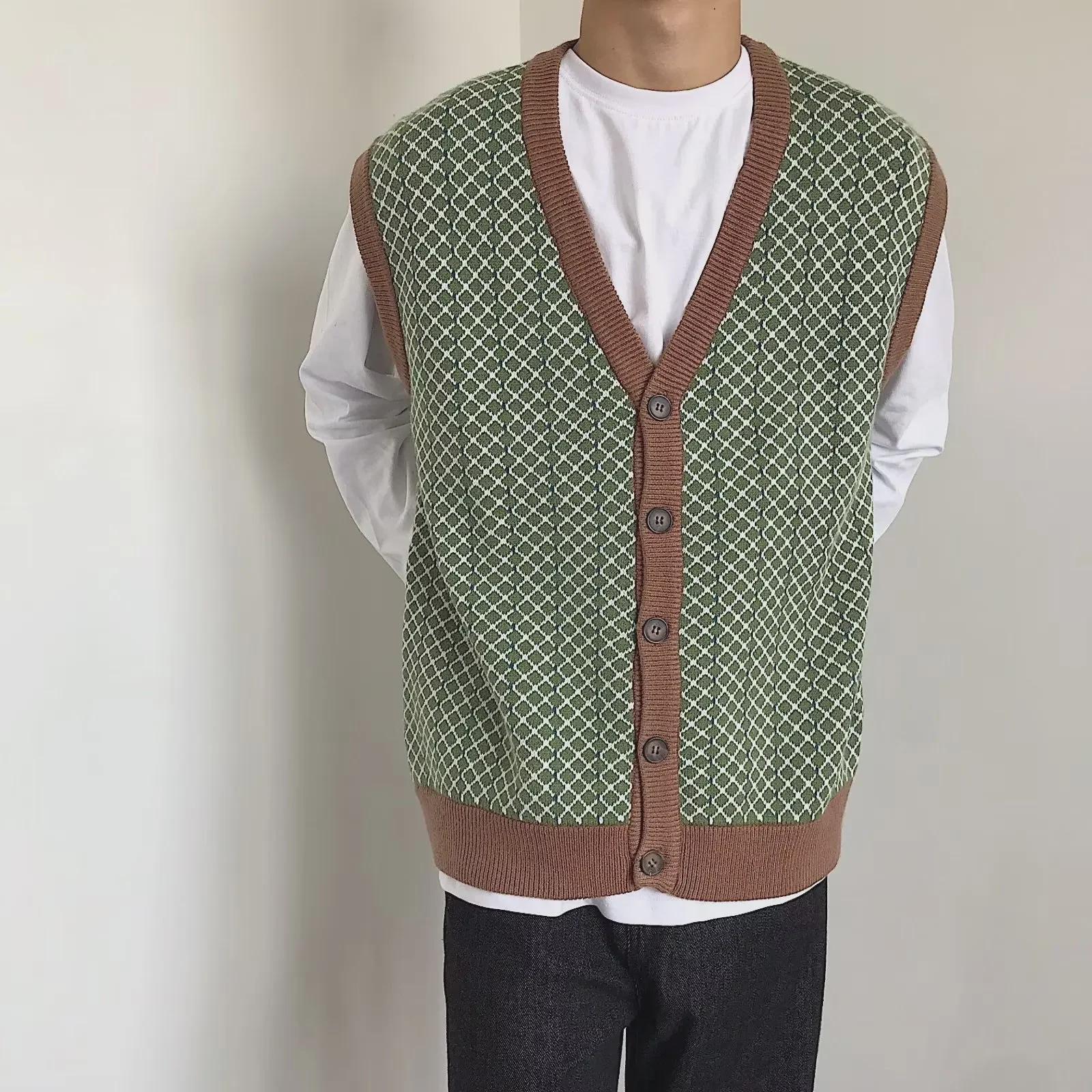 

Мужской однобортный свободный кардиган с V-образным вырезом - осенний стиль, без рукавов, вязаный, популярная уличная одежда L зелёный