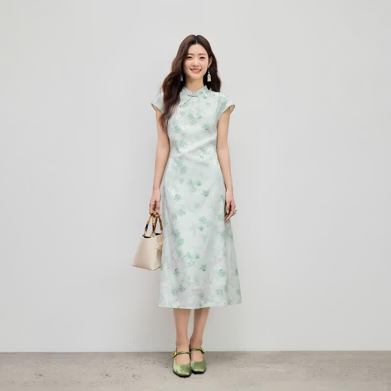 Qiu Shui Yi Ren New Chinese Style Stand Collar Printed Dress