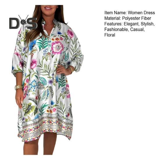 Women's Plus Size Boho Dress Floral Print Short Sleeved Button Up V Neck Dress Knee Length Summer Casual Shirt Dress