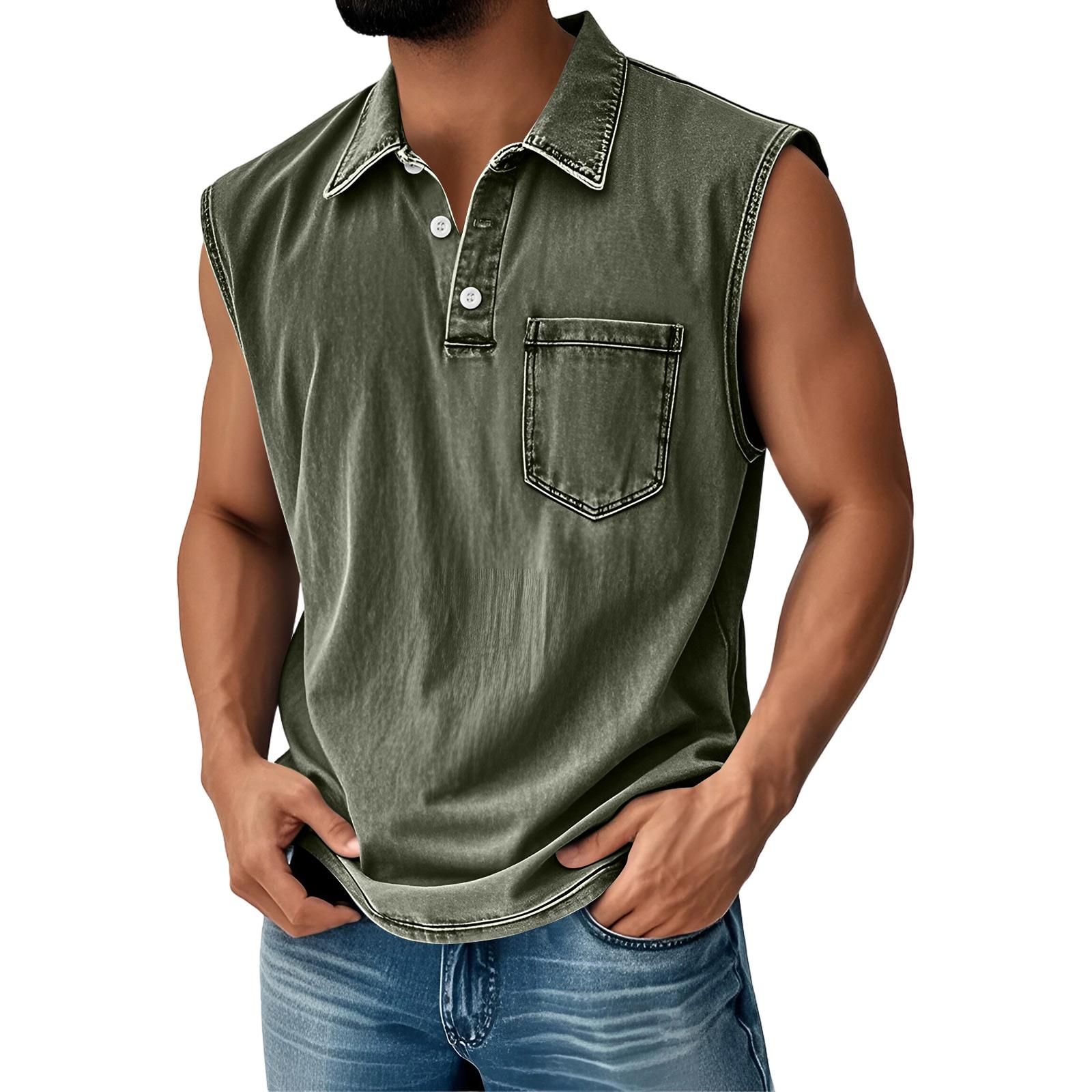 

Men’s Sleeveless Button Down Denim Shirt with Chest Pocket Casual Loose Fit Lapel Collar Top for Everyday Wear L армия зеленый