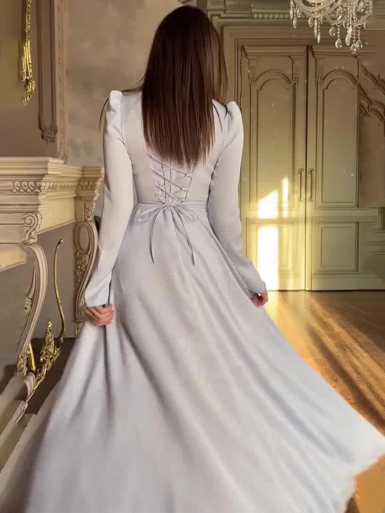 Elegant Retro Long-Sleeve Spring Dress for Women - European & American 2025 Design, Waist-Cinching Style