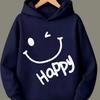 Boys' Joyful Face Hooded Sweatshirt Pure White Print Comfortable and Skin-Friendly Suitable for School and Daily Casual Wear