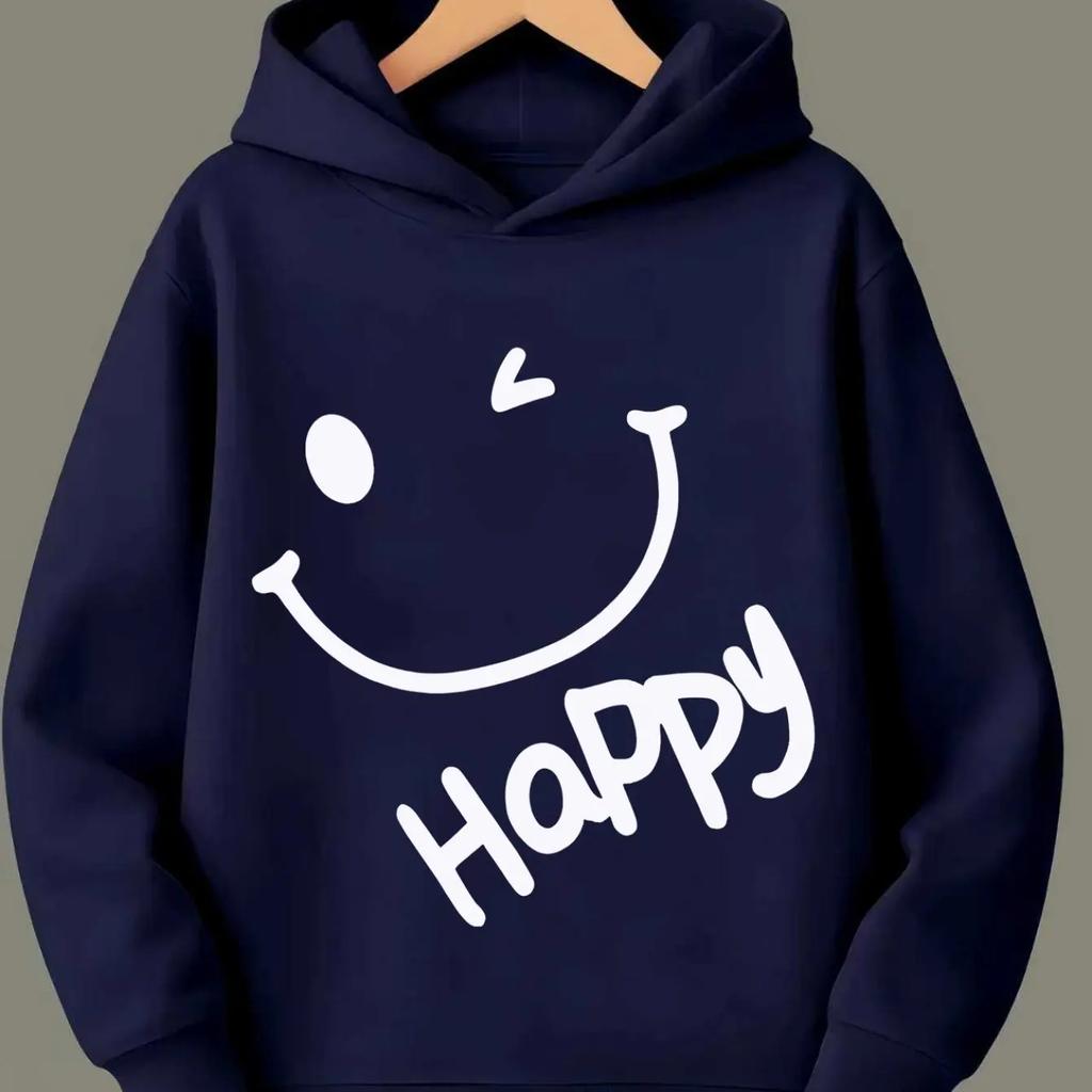 Boys' Joyful Face Hooded Sweatshirt Pure White Print Comfortable and Skin-Friendly Suitable for School and Daily Casual Wear